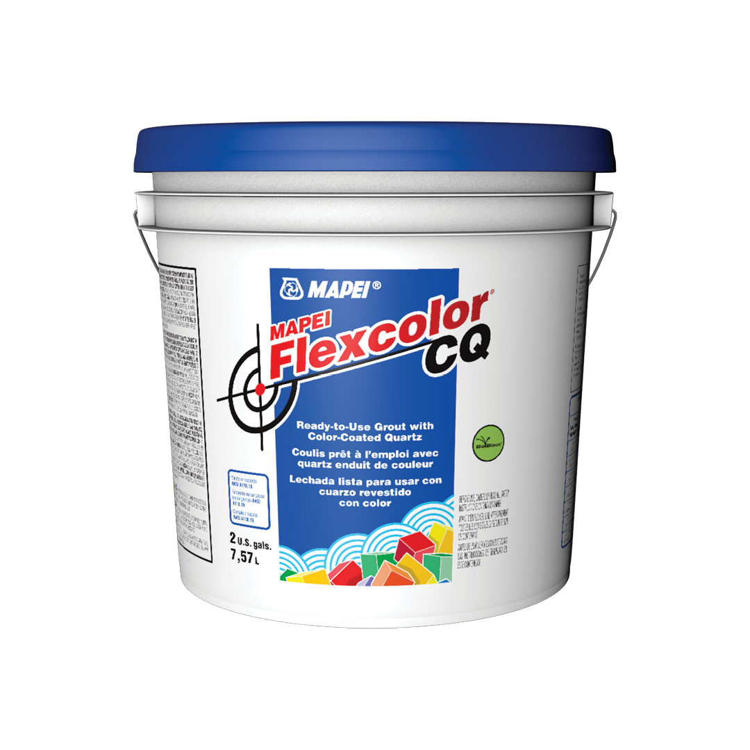 A 2.25 gallon white plastic bucket of grout with a blue lid, featuring a blue and white product label.