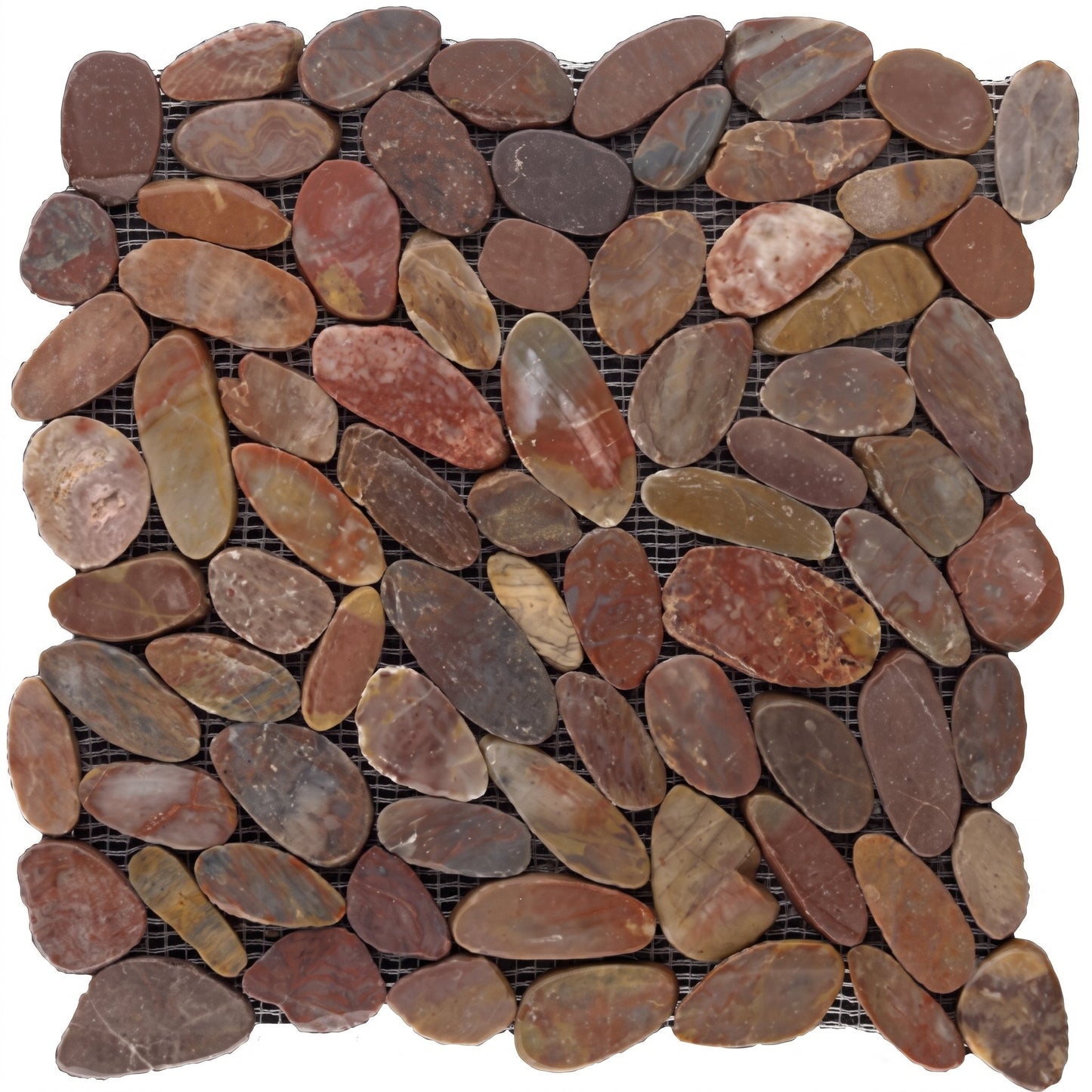 A square mosaic tile sheet featuring smooth, pebble-shaped natural stones in earthy brown, reddish-brown, beige, and gray tones, arranged over a black wire grid background.