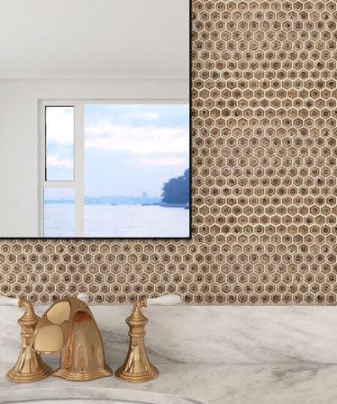 Gold faucet set against a hexagonal patterned wall with a framed picture of water and sky.