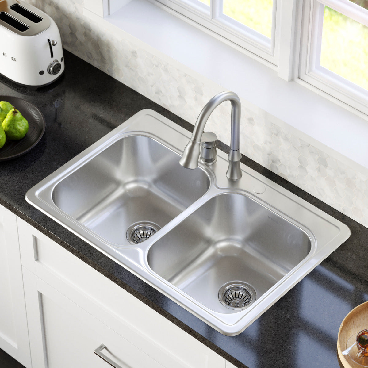 Stainless Steel Double Equal Bowl Top Mount Sink 33"