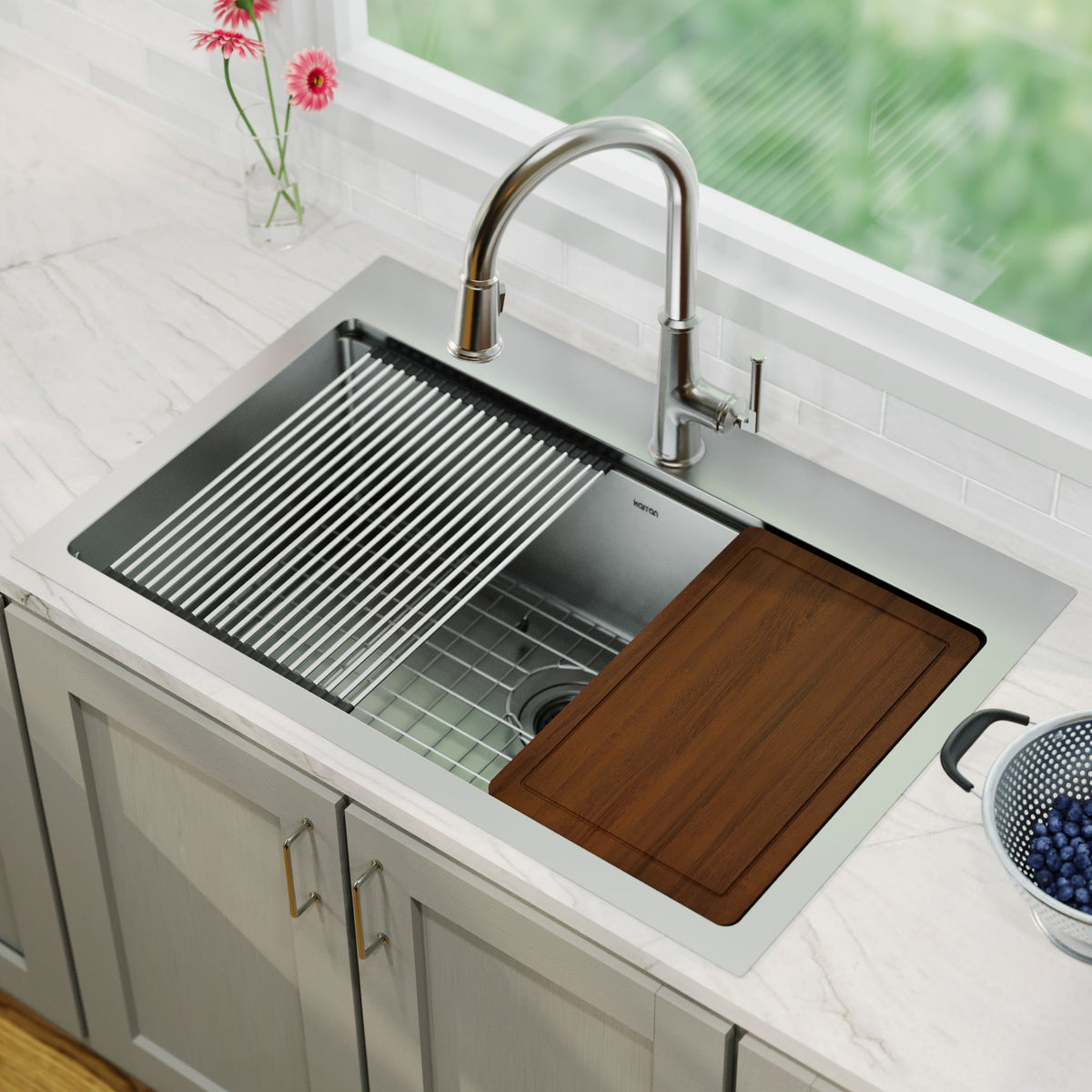 Stainless Steel Large Single Bowl Top Mount Workstation Sink 33"