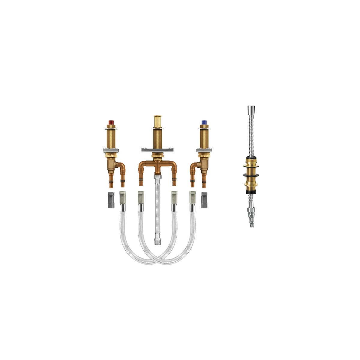 A set of brass and stainless steel water supply valves and fittings with clear plastic supply lines, shown on a plain white background.