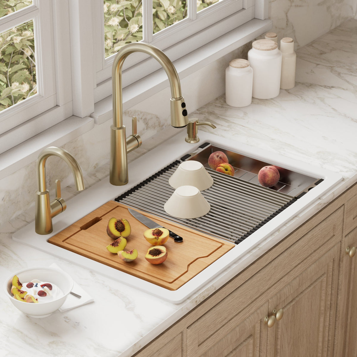 White Double Equal Bowl Top Mount Workstation Sink 33"