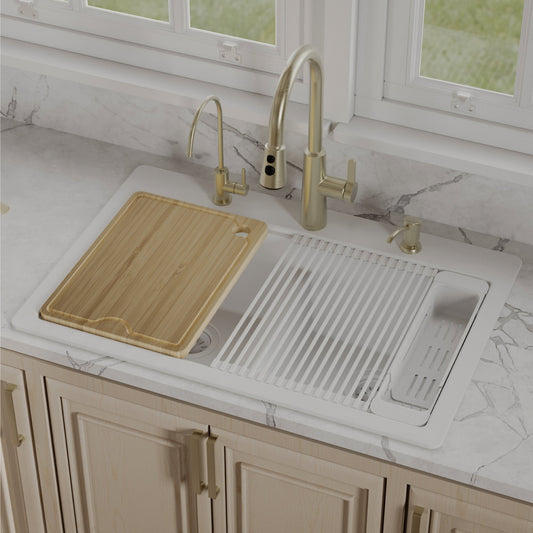White Double Equal Bowl Top Mount Workstation Sink 33"