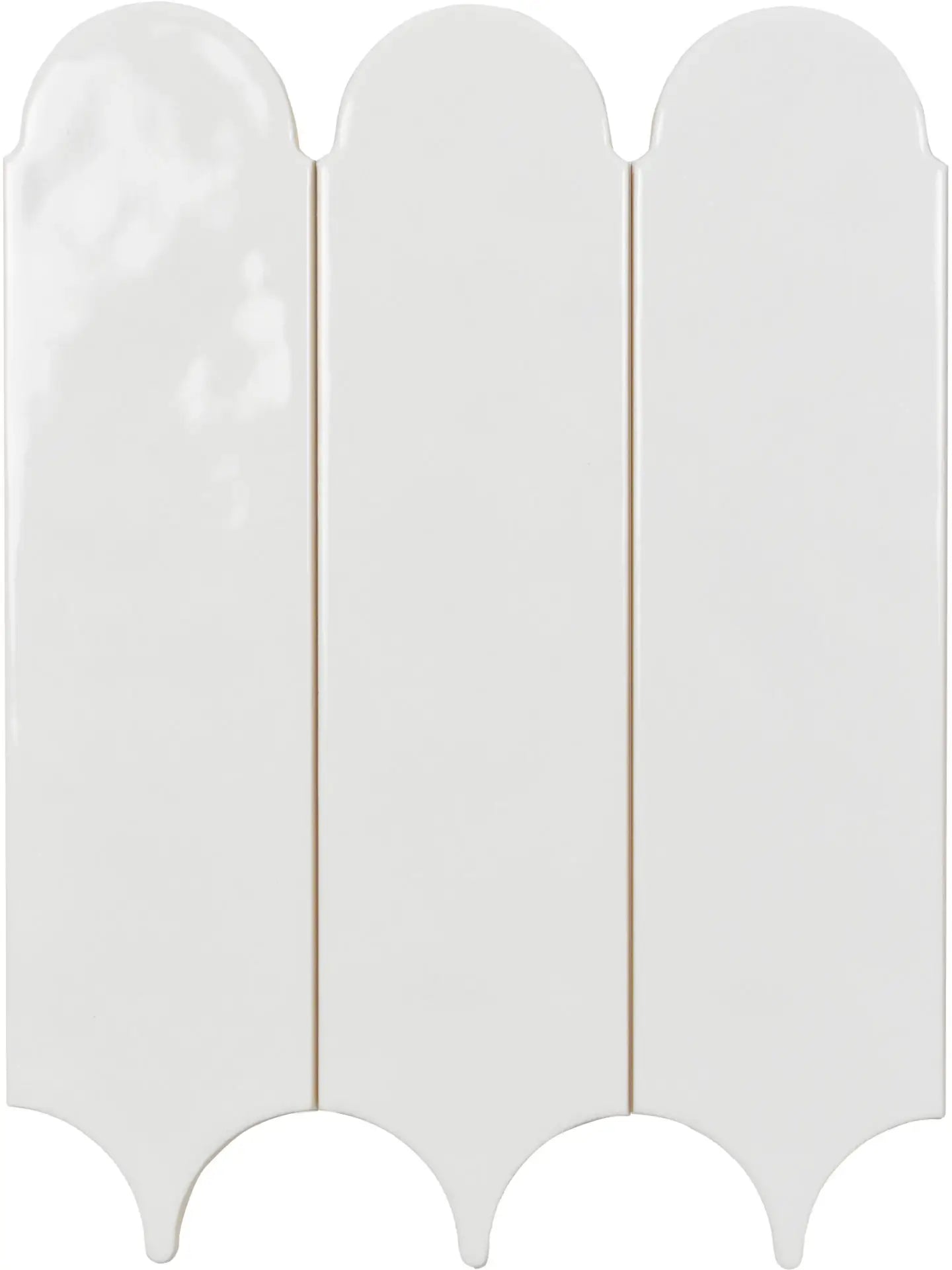 A glossy white ceramic tile with a decorative wavy scalloped border, shown from a top-down view.