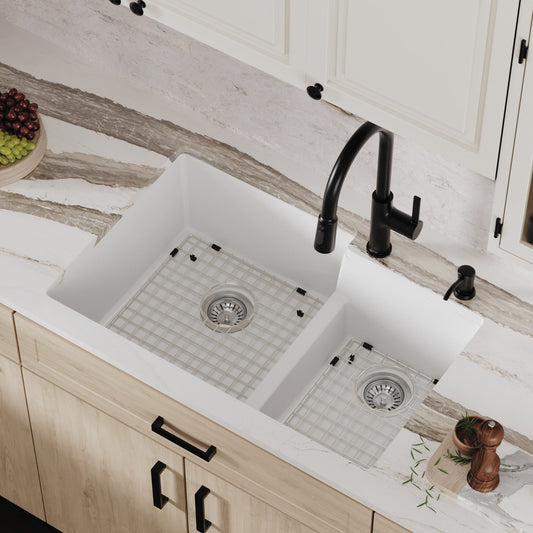 White Large/Small Bowl Undermount Sink 32-3/8"