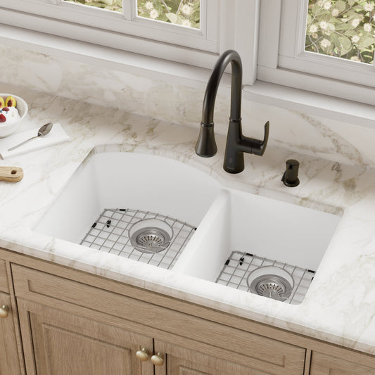 White Large/Small Bowl Undermount Sink 32"