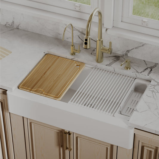 White Retrofit Large Single Bowl Farmhouse Workstation Sink 34"