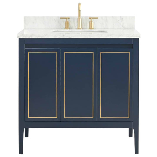 Province Navy and Gold 36" Single Vanity with Carrara Marble Top