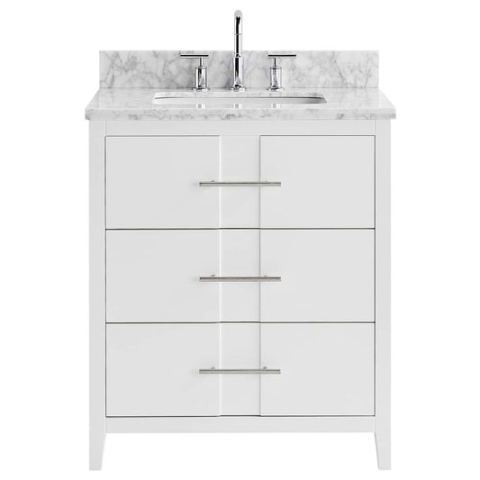 Iconic White and Silver 30" Single Vanity with Carrara Marble Top (discontinued)