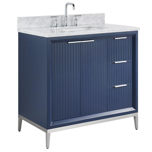 Bungalow Navy and Silver 36" Single Vanity with Carrara Marble Top (discontinued)