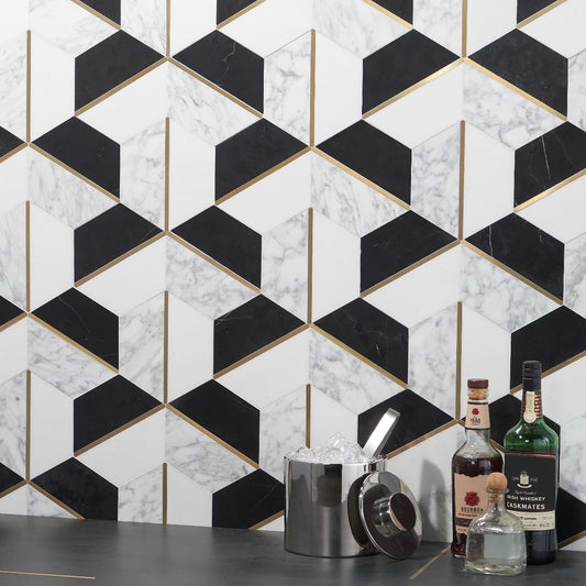 Nero Blanco- Nero Marquina, Arabescato, Thassos w/ brass line Polished