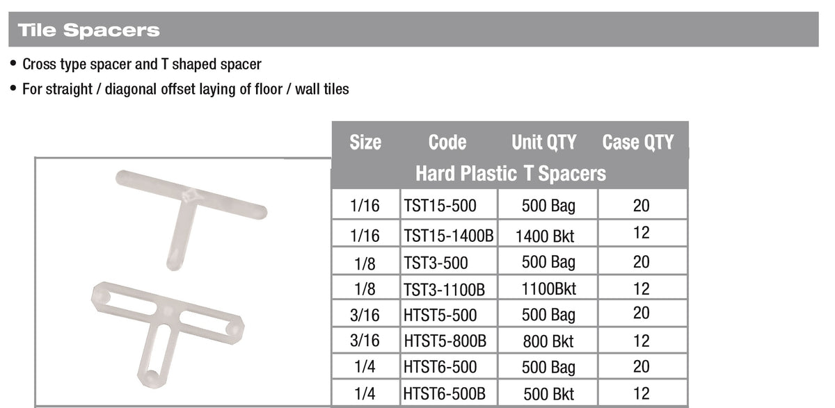 1/16" T Style Long Hard Plastic Tile Spacer, 1,400 Pcs Bucket