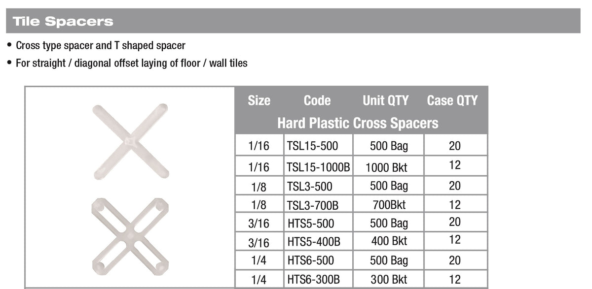 1/8"Long Hard Plastic Tile Spacer, 500 pcs bag