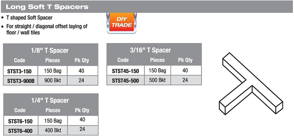3/16" Long Soft T Style Tile Spacer, 500 pcs bucket