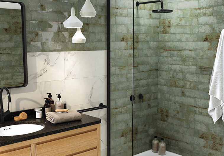 Andalusia 4x16 sage green oxidized-look tile on a shower and bathroom wall
