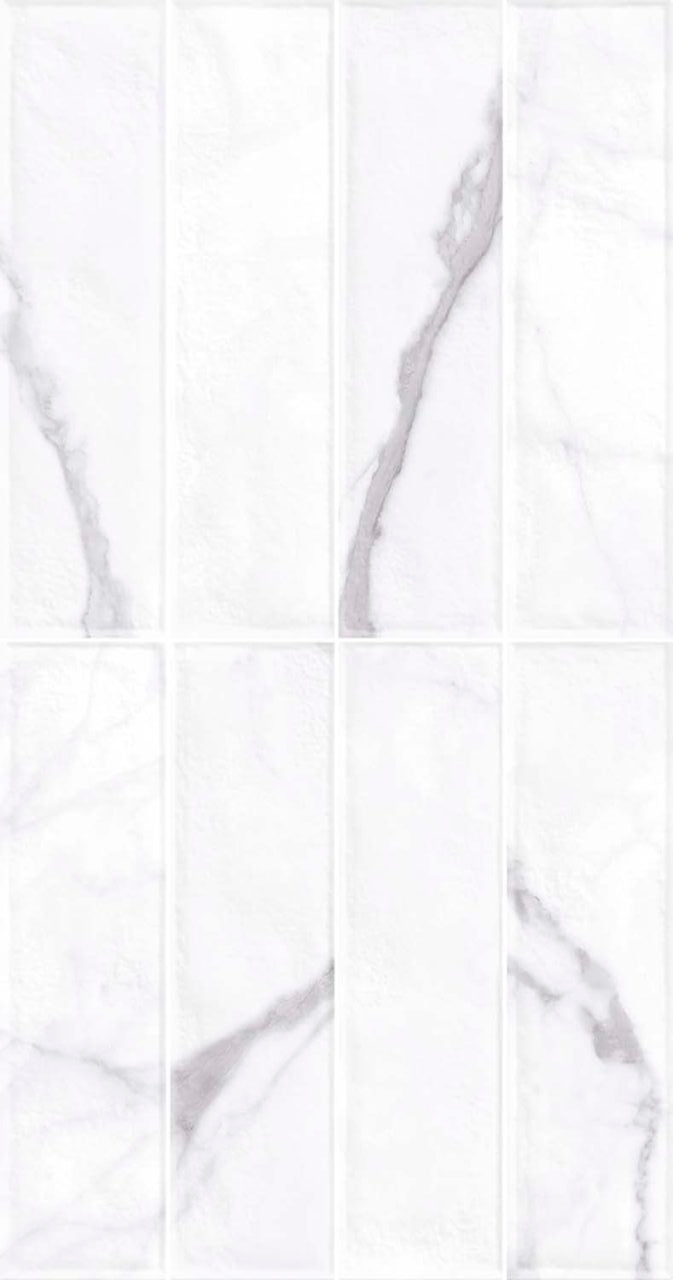 White rectangular subway tiles with a gray marble pattern, arranged in a grid layout.
