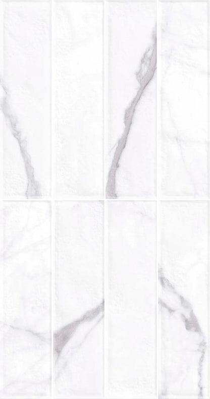 White rectangular subway tiles with a gray marble pattern, arranged in a grid layout.