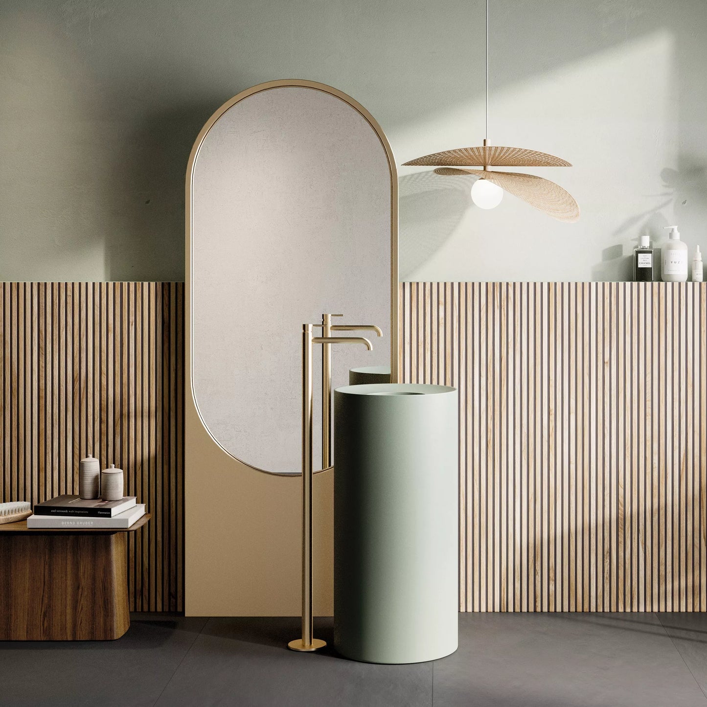 Modern bathroom with a freestanding sink, mirror, and wooden paneling.