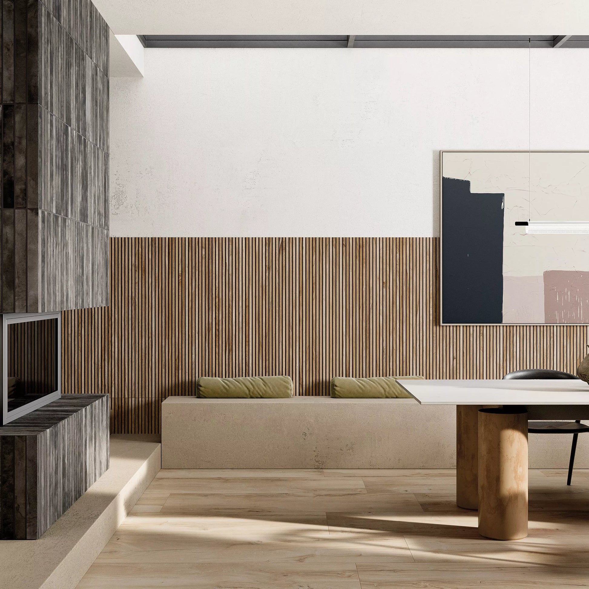 Modern living room with wooden floor, striped wall, and minimal decor.