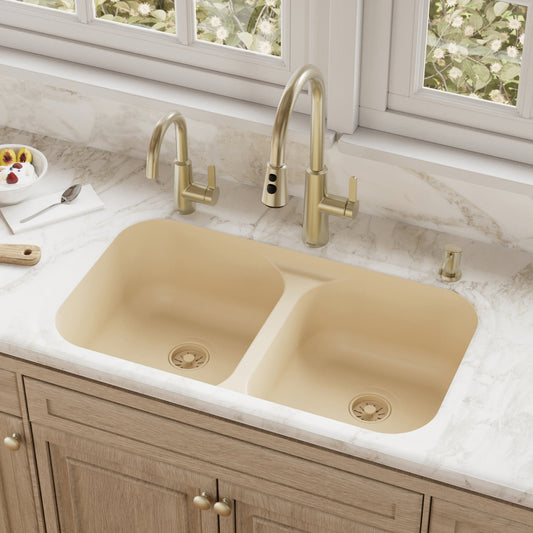 Bisque Double Equal Bowl Seamless Undermount Sink 32-1/2"