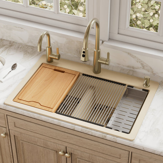 Bisque Double Equal Bowl Top Mount Workstation Sink 33"