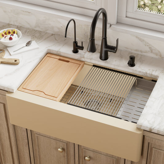 Bisque Large Single Bowl Farmhouse Workstation Sink 34"