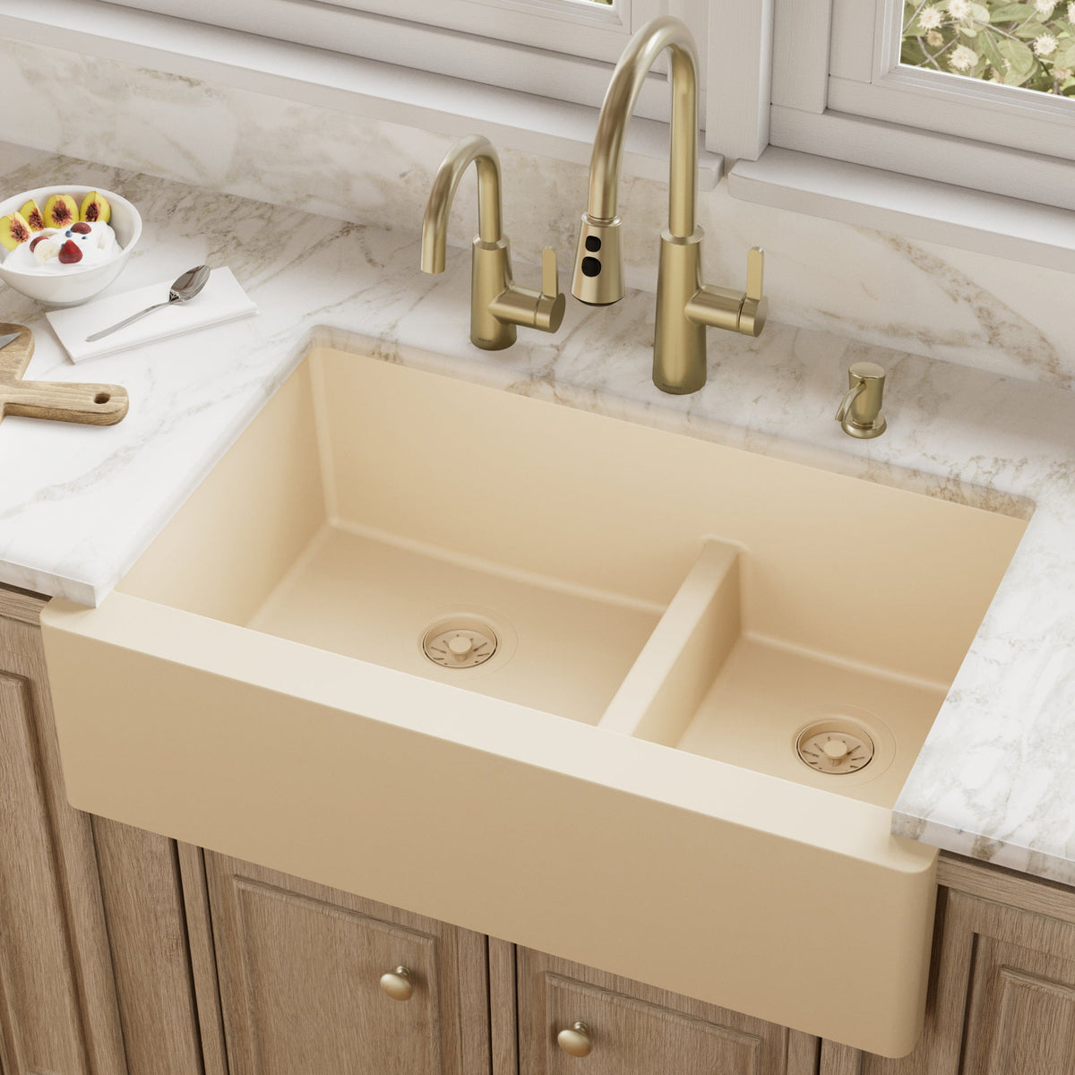 Bisque Large/Small Bowl Farmhouse Sink 34"