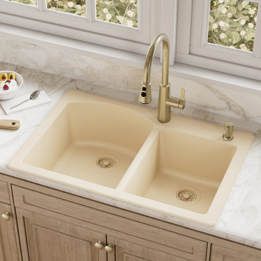 Bisque Large/Small Bowl Top Mount Sink 33"