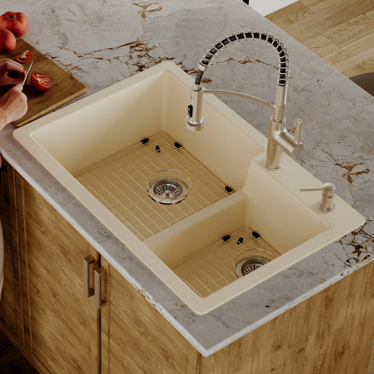 Bisque Large/Small Bowl Top Mount Sink 33"