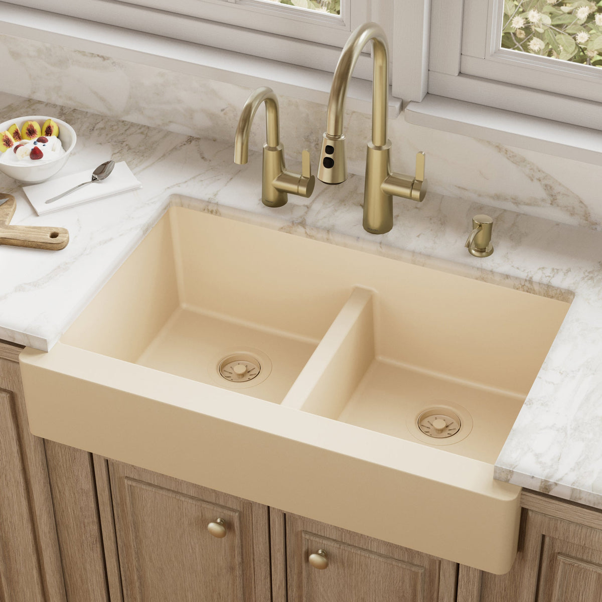 Bisque Retrofit Double Equal Bowl Farmhouse Sink 34"
