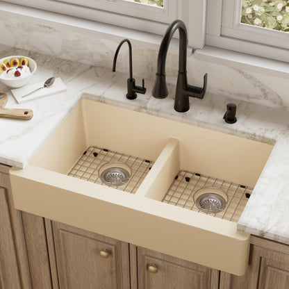 Bisque Retrofit Double Equal Bowl Farmhouse Sink 34"
