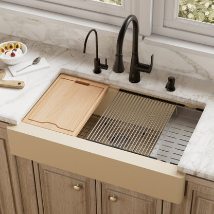 Bisque Retrofit Large Single Bowl Farmhouse Workstation Sink 34"