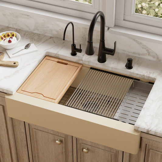 Bisque Retrofit Large Single Bowl Farmhouse Workstation Sink 34"