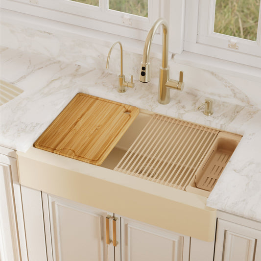 Bisque Retrofit Large Single Bowl Farmhouse Workstation Sink 34"