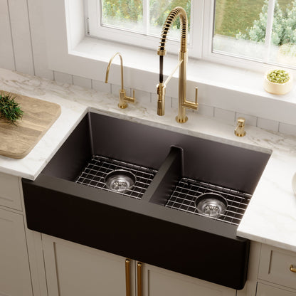 Black Double Equal Bowl Farmhouse Sink 34"