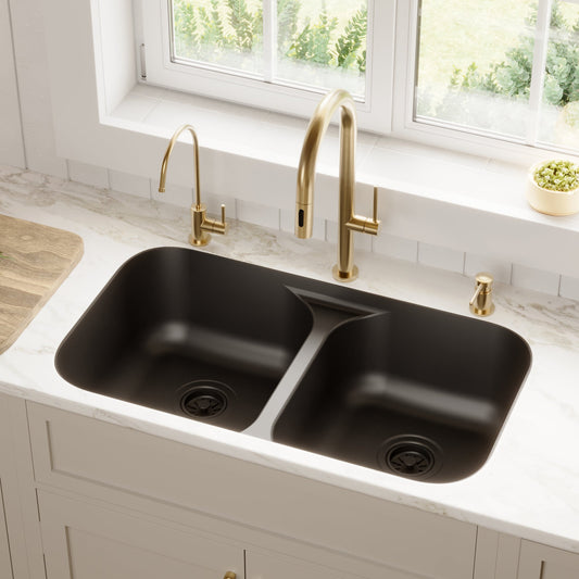 Black Double Equal Bowl Seamless Undermount Sink 32-1/2"