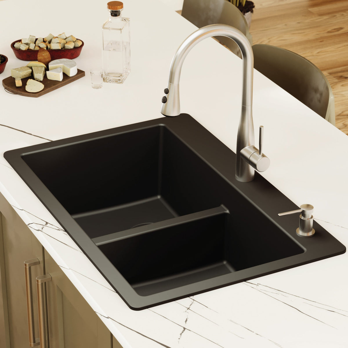 Black Double Equal Bowl Top Mount Sink 33"