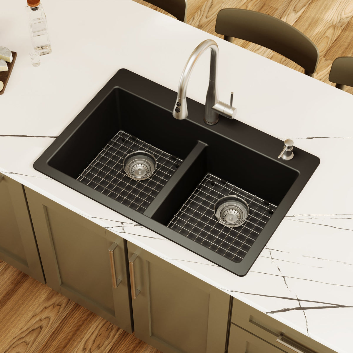 Black Double Equal Bowl Top Mount Sink 33"