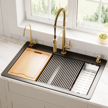 Black Double Equal Bowl Top Mount Workstation Sink 33"