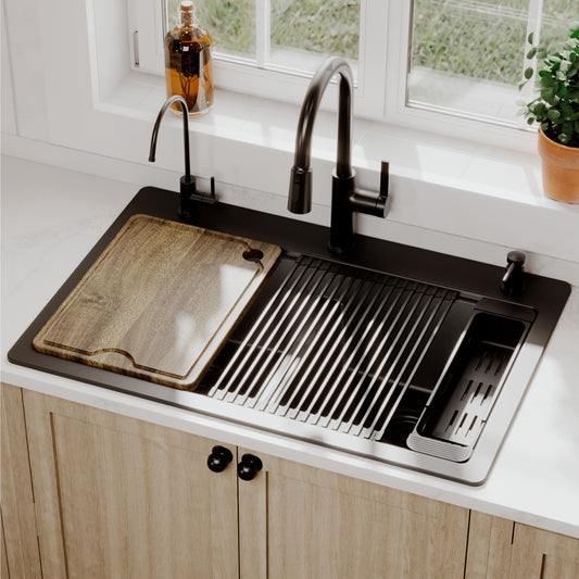 Black Double Equal Bowl Top Mount Workstation Sink 33"