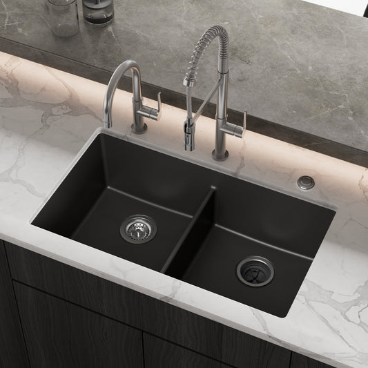 Black Double Equal Bowl Undermount Sink 32-3/8"