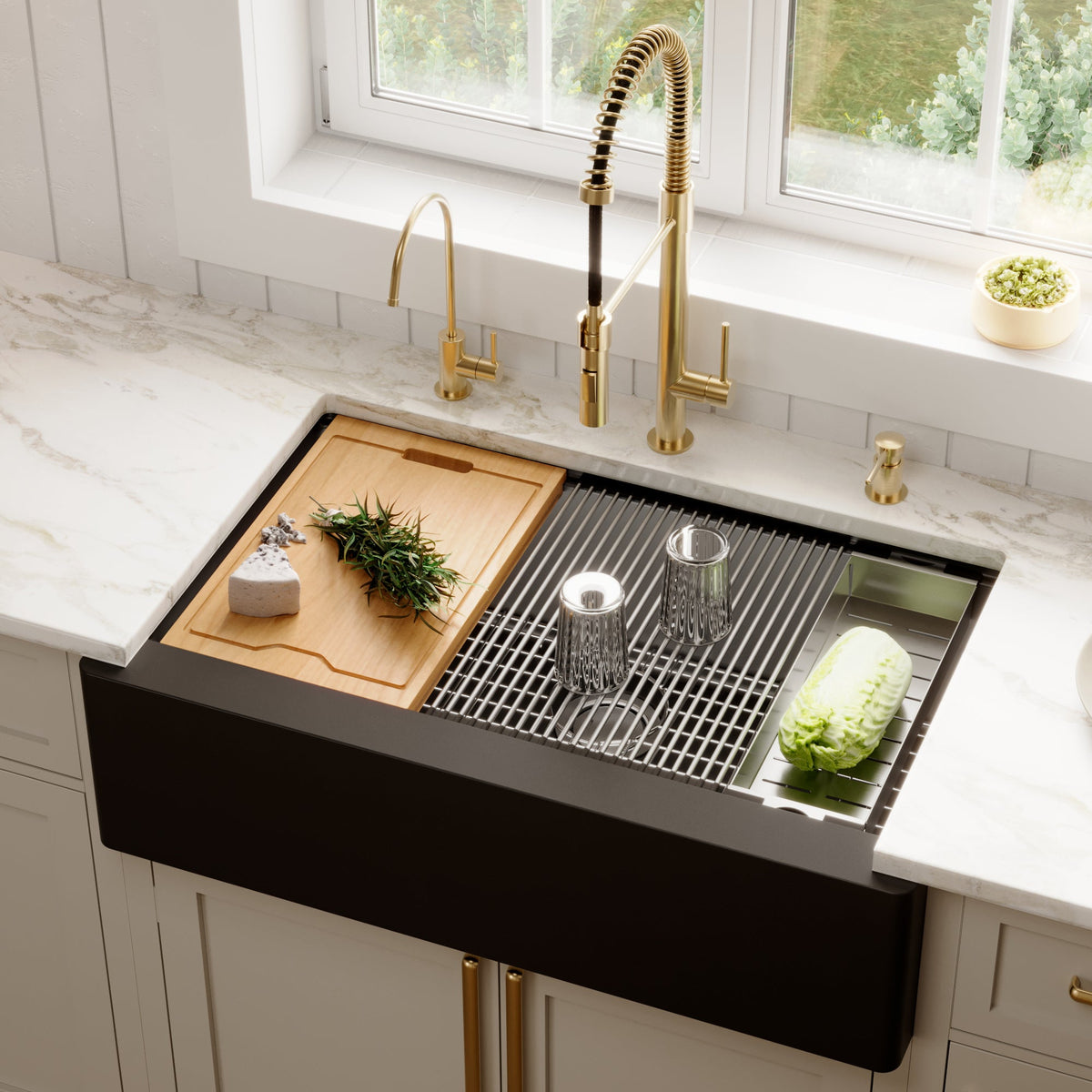 Black Large Single Bowl Farmhouse Workstation Sink 34"