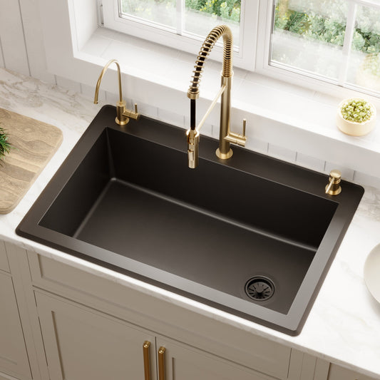 Black Large Single Bowl Top Mount Sink 33"