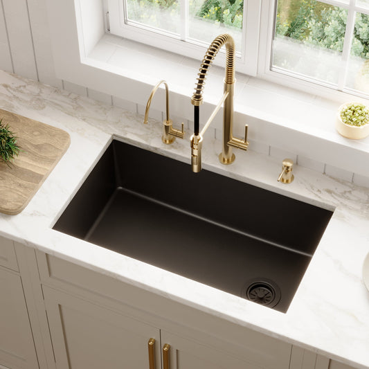 Black Large Single Bowl Undermount Sink 31-7/16"