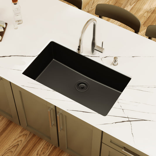 Black Large Single Bowl Undermount Sink 32-3/8"