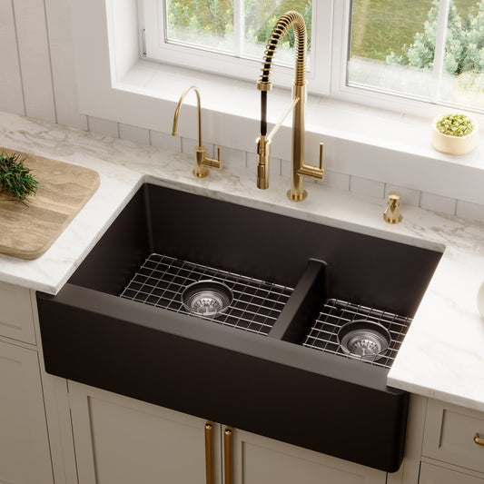 Black Large/Small Bowl Farmhouse Sink 34"