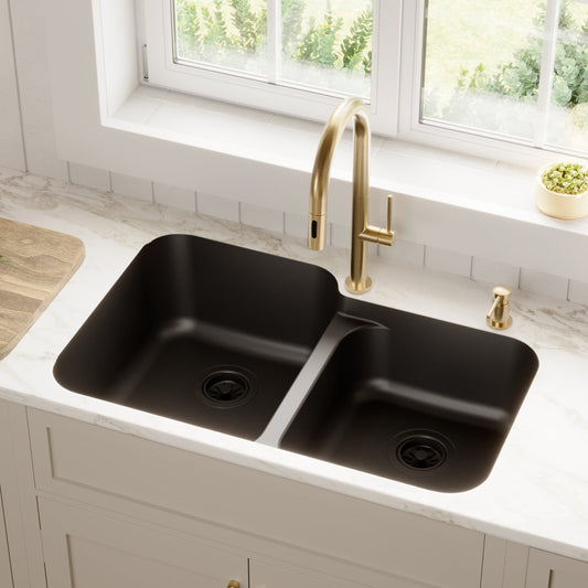 Black Large/Small Bowl Seamless Undermount Sink 32-1/2"