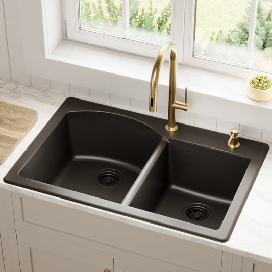 Black Large/Small Bowl Top Mount Sink 33"