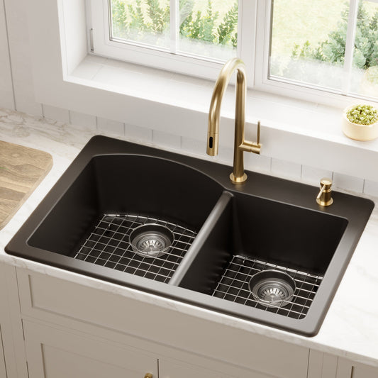 Black Large/Small Bowl Top Mount Sink 33"